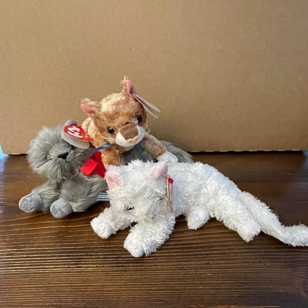 Ty Beanie Baby Cat Lot of 3 Scat Grey Cat Canyon Cougar Flip White Cat Plush MWM